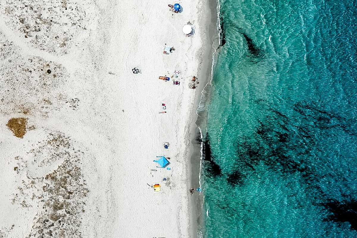 Vista panoramica di Capovaticano, scogliera bianca, mare cristallino, turisti che si rilassano, atmosfera estiva