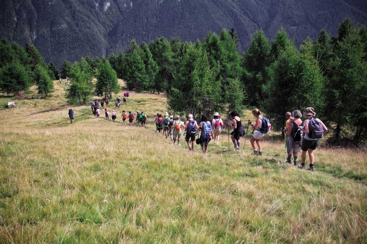 Gruppo di escursionisti in cammino sul sentiero del Monte Poro, con vista aperta sulla costa sottostante, uliveti e mare sullo sfondo, atmosfera di avventura e scoperta.